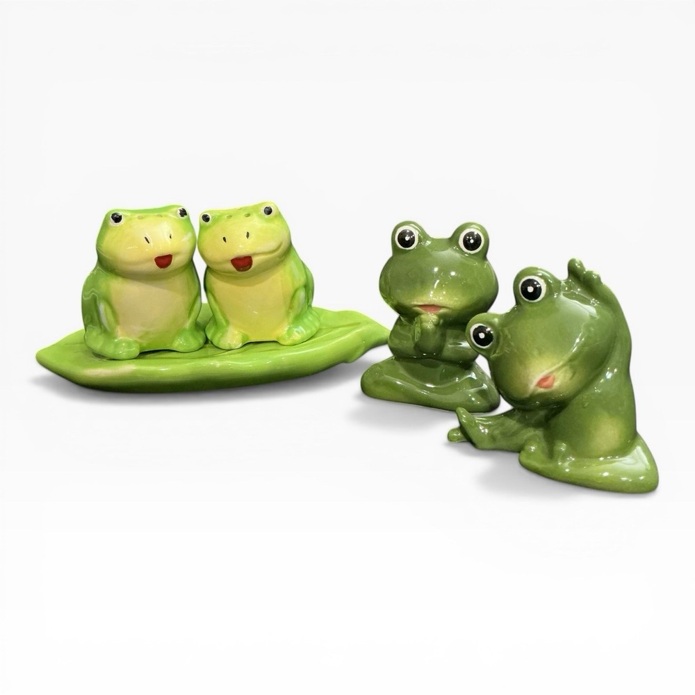 Ceramic Frog Salt Pepper Shakers Sets Ganz Lily Pad Cracker‎ Barrel Cottagecore